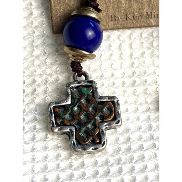 Mia Inspirations Inlay Cross Blue Bead Drop Dangle Post Earrings - Picture 2 of 5